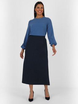 Büyük Beden Gizli Yırtmaçlı Dokuma Kalem Lacivert Etek