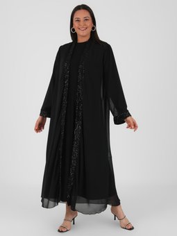 Büyük Beden Payetli Abiye Siyah Ferace