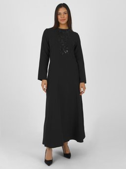 Büyük Beden Pul Detaylı Siyah Abiye Elbise