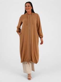 Koyu Bej Büyük Beden Kapüşonlu Fermuarlı Kap