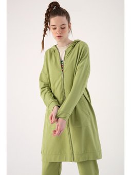 Açık Yeşil Kapüşonlu Fermuarlı Sweat Hırka