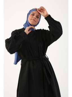Siyah Kemerli Büzgü Detaylı Ferace