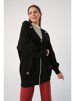 Siyah V Yaka Kuşgözü Detaylı Şardonlu Fermuarlı Hırka