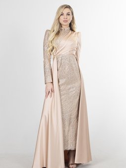 Bej Drape Ve Kuyruk Detaylı Simli Abiye Elbise