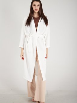 Ekru Krep Belden Kuşaklı Kimono