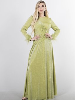 Fıstık Tüy Detaylı Simli Uzun Abiye Elbise