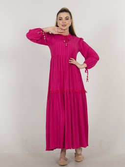 Fuşya Dantel Yaka Uzun Astarlı Elbise