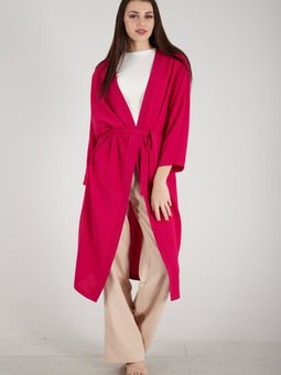 Fuşya Krep Belden Kuşaklı Kimono