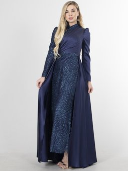 Lacivert Drape Ve Kuyruk Detaylı Simli Abiye Elbise