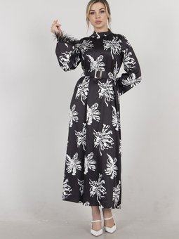 Siyah Kol Ucu Tüy Detaylı Elbise