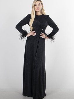 Siyah Tüy Detaylı Simli Uzun Abiye Elbise