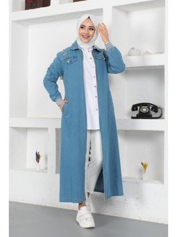 İnci Detaylı Uzun Kot Mavi Kap