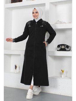 İnci Detaylı Uzun Kot Siyah Kap