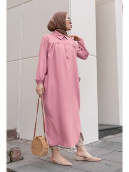 Yanları Yırtmaç Robalı Tam Boy Pudra Tunik