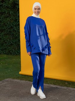 Beli Lastikli Yırtmaçlı Saks Mavisi Pantolon