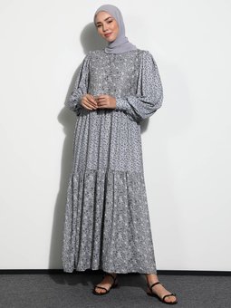 Çiçek Desenli Balon Kol Gri Elbise