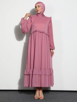 Fırfır Detaylı Şifon Gül Kurusu Elbise