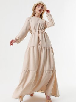 Bej Beli Büzgülü Keten Elbise