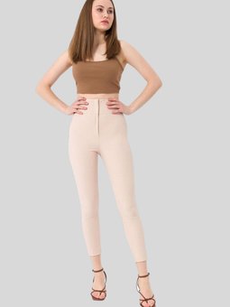 Bej Yüksel Bel Dar Paça Kumaş Pantolon