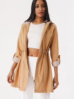 Bisküvi Beli Bağlamalı Kapüşonlu Trençkot