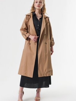 Camel Kruvaze Yaka Kuşaklı Trençkot