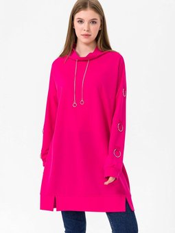 Fuşya Kolu Halka Detaylı Degaje Yaka Sweat