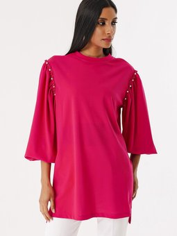 Fuşya Omuz İnci Detaylı Uzun Sweat