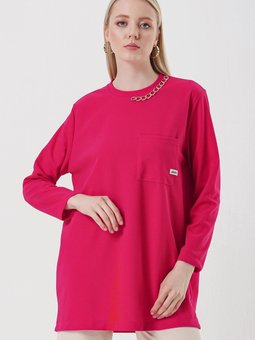 Fuşya Yaka Zincirli Tek Cep Tunik