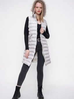 Gri Kapüşonlu Uzun Şişme Yelek