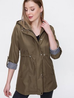 Haki Beli Bağlamalı Kapüşonlu Trençkot