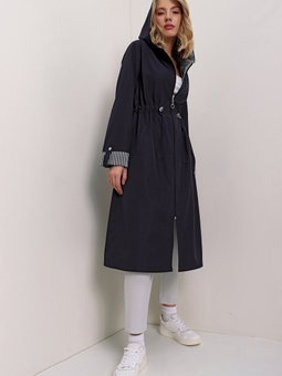 Lacivert Apoletli İçi Kapitone Uzun Trençkot