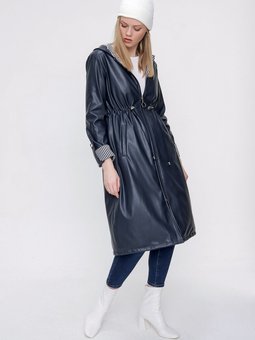 Lacivert Kot Katlama Suni Deri Kapüşonlu Trençkot