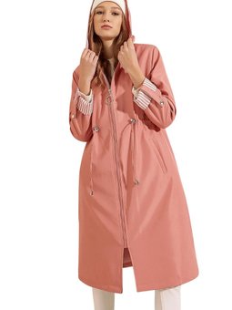 Pembe Kolları Apoletli Kapüşonlu Trençkot