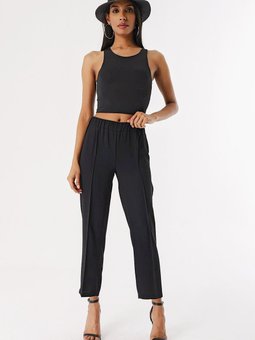 Siyah Çimalı Beli Lastikli Kumaş Pantolon