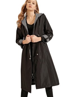 Siyah Kolları Apoletli Kapüşonlu Trençkot