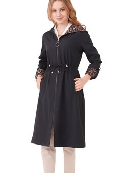 Siyah Leopar Kolları Apoletli Kapüşonlu Trençkot