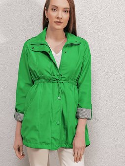 Yeşil Kolları Katlama Apoletli Trençkot