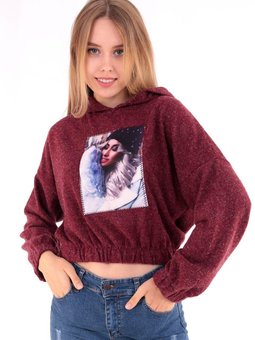 Bordo Aplikeli Kapüşonlu Sweat