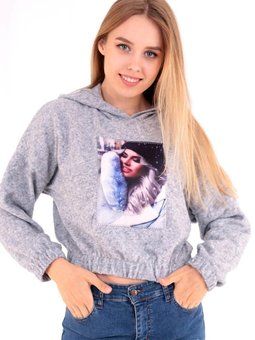 Gri Aplikeli Kapüşonlu Sweatshirt