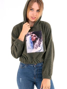 Yeşil Kapüşonlu Trend Aplikeli Sweatshirt