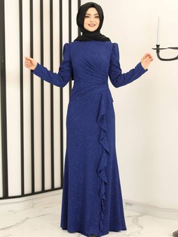 Eteği Volan Asil Saks Mavisi Abiye Elbise