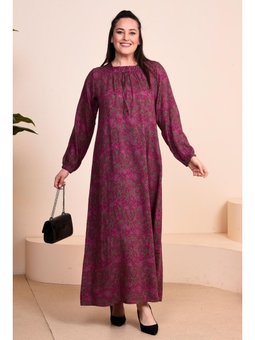 Kadin Anne Buyuk Beden Cicekli Tesettur Giyim Haki Elbise