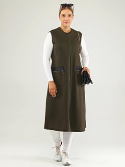 Kadin Deri Cepli Buyuk Beden Uzun Haki Yelek