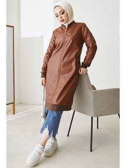 Ribanalı Fermuarlı Suni Deri Kahverengi Kap