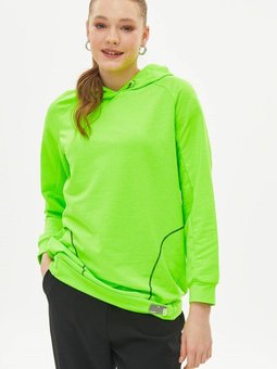 Neon Yeşil Kontrast Dikişli Kapüşonlu Sweatshirt