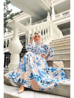 Yarasa Kol Lilyum Desen Mavi Elbise