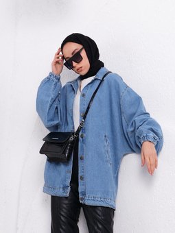 Kolları Lastikli Oversize Kot Buz Ceket Mavisi