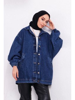 Kolları Lastikli Oversize Kot Mavi Ceket