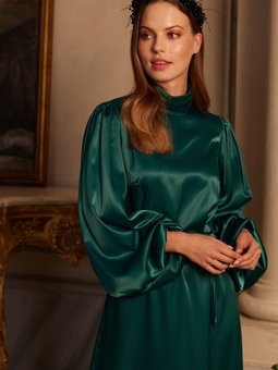 Balon Kol Saten Abiye Elbise Zümrüt