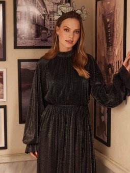 Pliseli Işıltılı Siyah Abiye Elbise